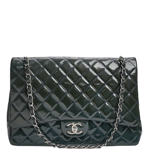 Chanel Maxi Classic Double Flap Bag Dark Blue Quilted Patent Leather